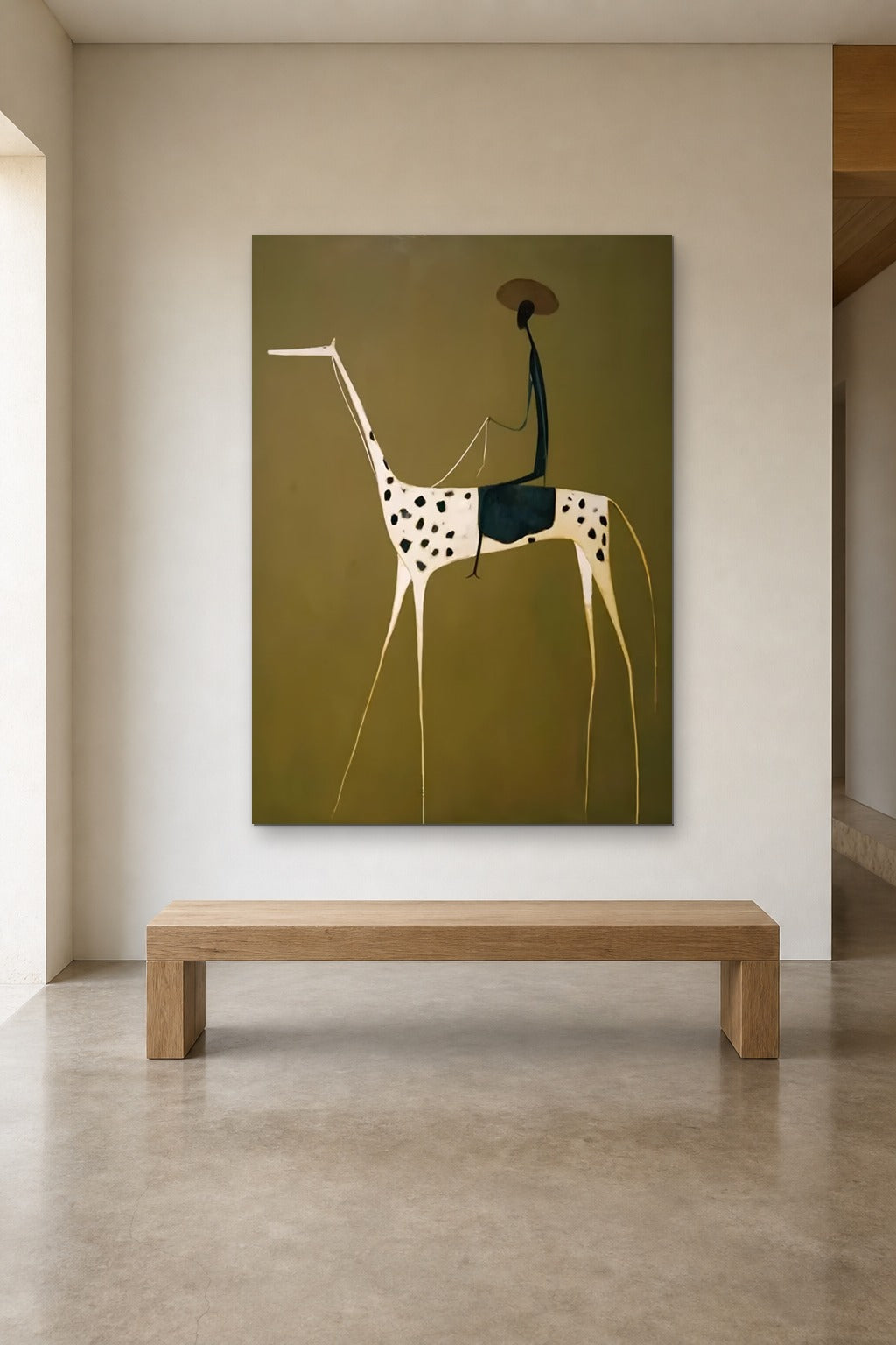 Dalmatian Horse shown at 120 × 180 cm above a 180 cm oak bench