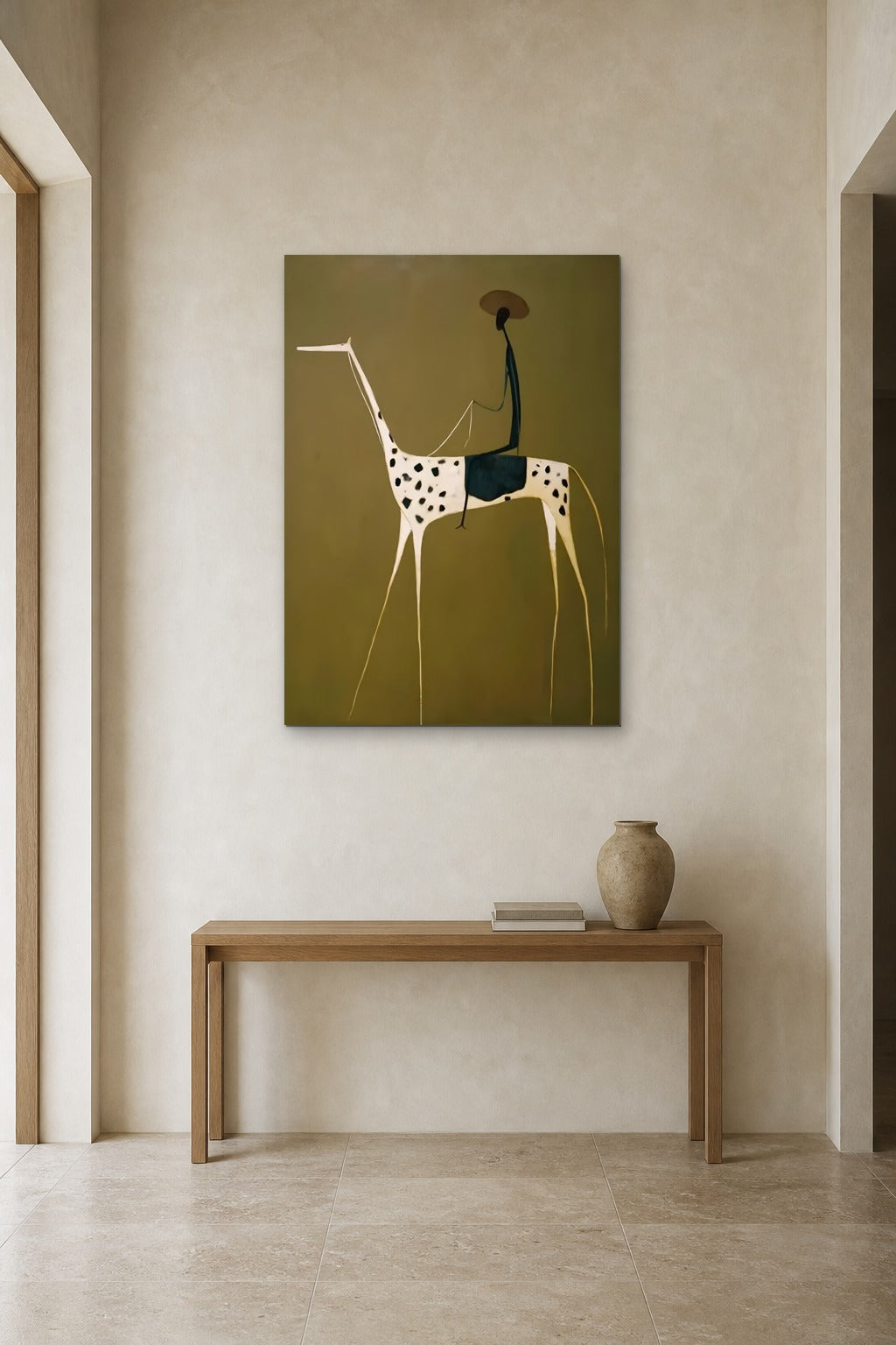 Dalmatian Horse shown at 90 × 120 cm above a 140 cm oak console