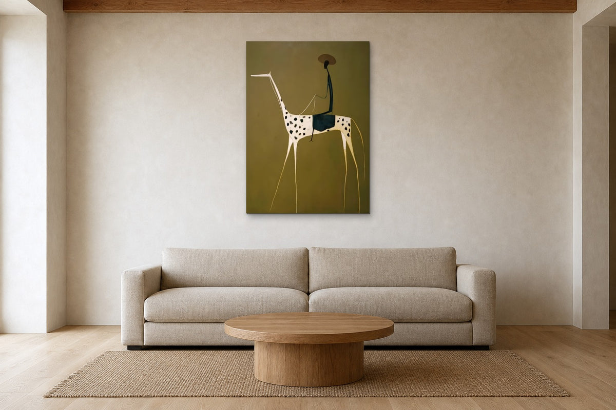 Dalmatian Horse shown at 80 × 120 cm above a 240 cm linen sofa