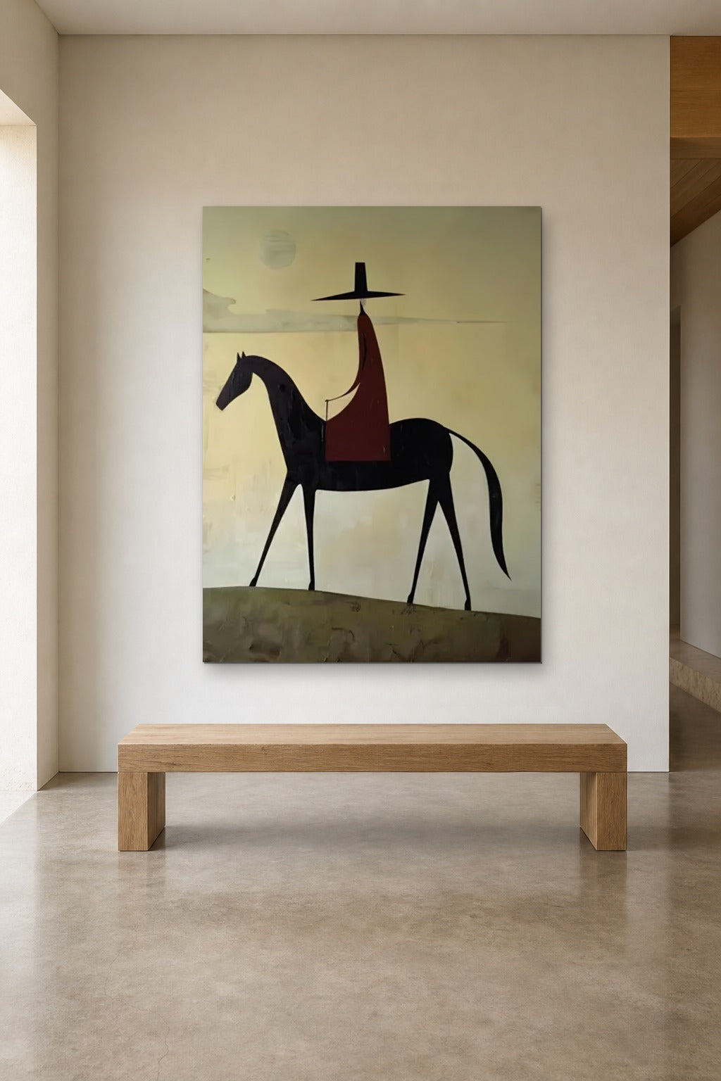 Rider at Dusk shown at 120 × 160 cm above a 180 cm oak bench