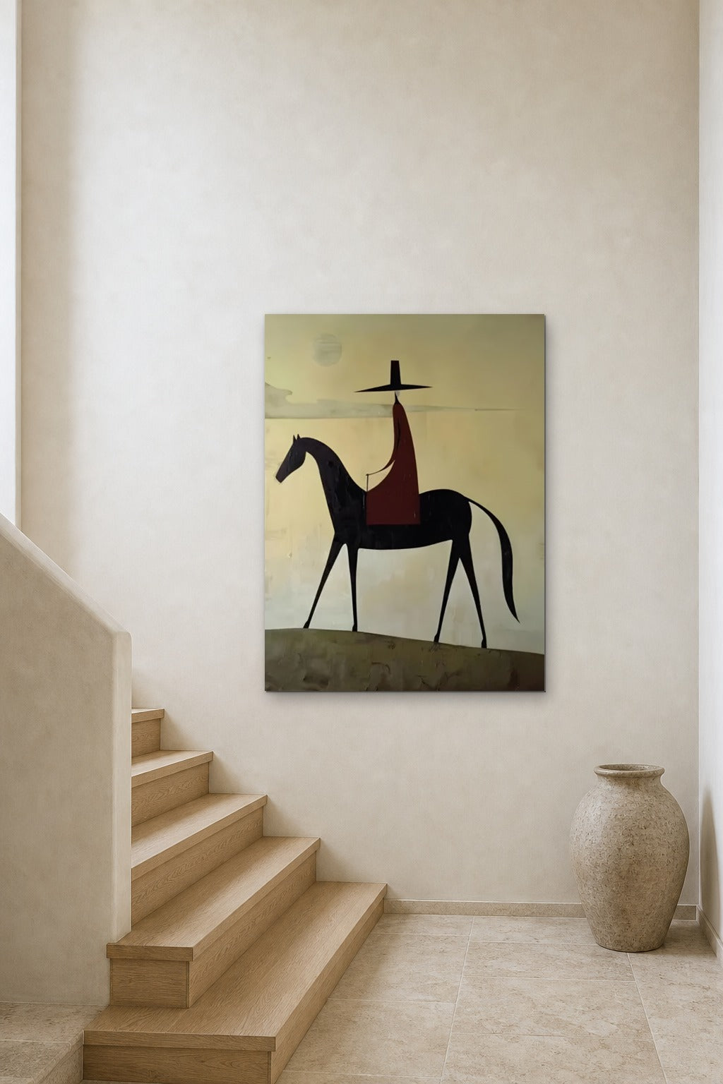 Rider at Dusk shown at 90 × 120 cm above a stair landing