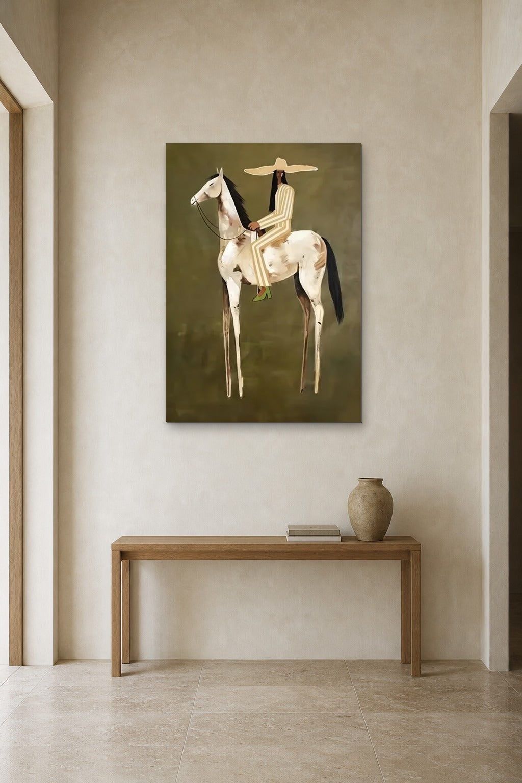 The Painted Horse shown at 90 × 140 cm above a 140 cm oak console