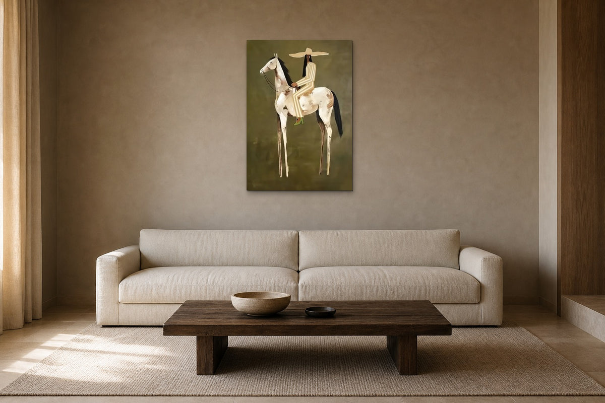 The Painted Horse shown at 60 × 80 cm above a 230 cm linen sofa