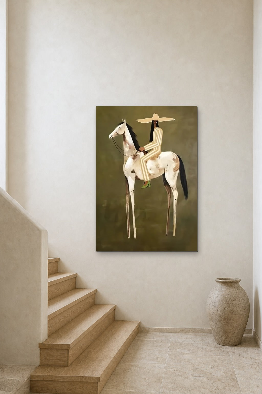 The Painted Horse shown at 90 × 140 cm above a stair landing