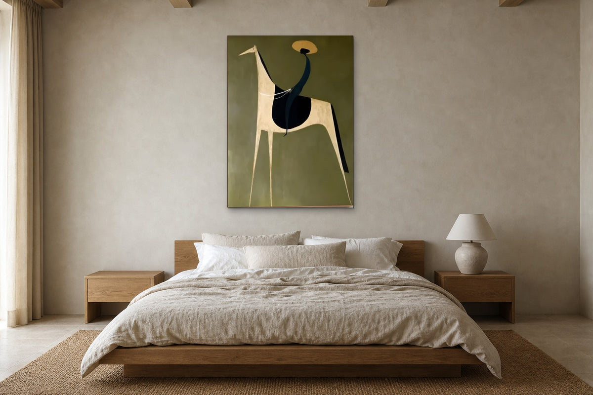 Rider in a Straw Hat shown at 100 × 150 cm above a 180 cm oak bed