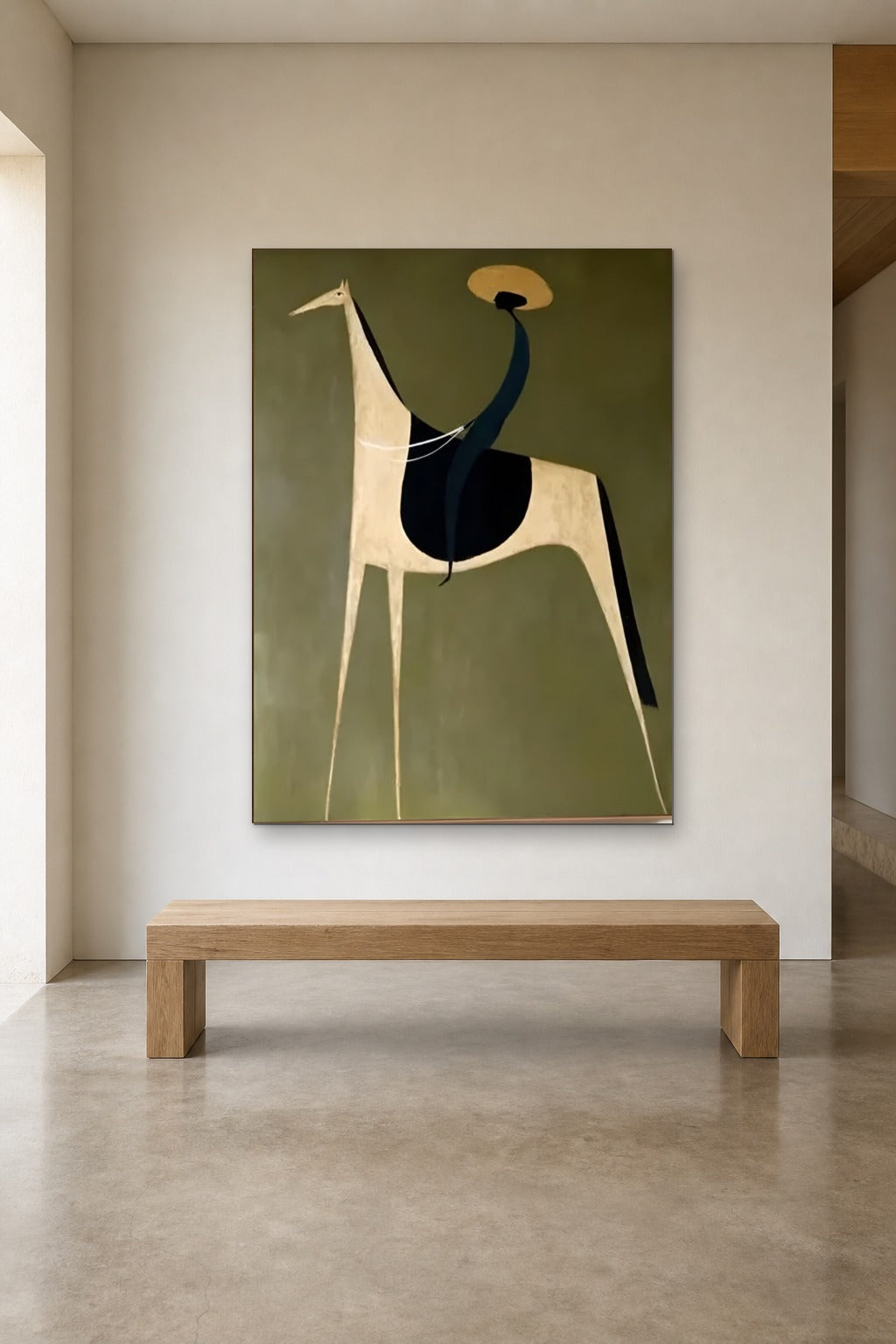 Rider in a Straw Hat shown at 120 × 160 cm above a 180 cm oak bench