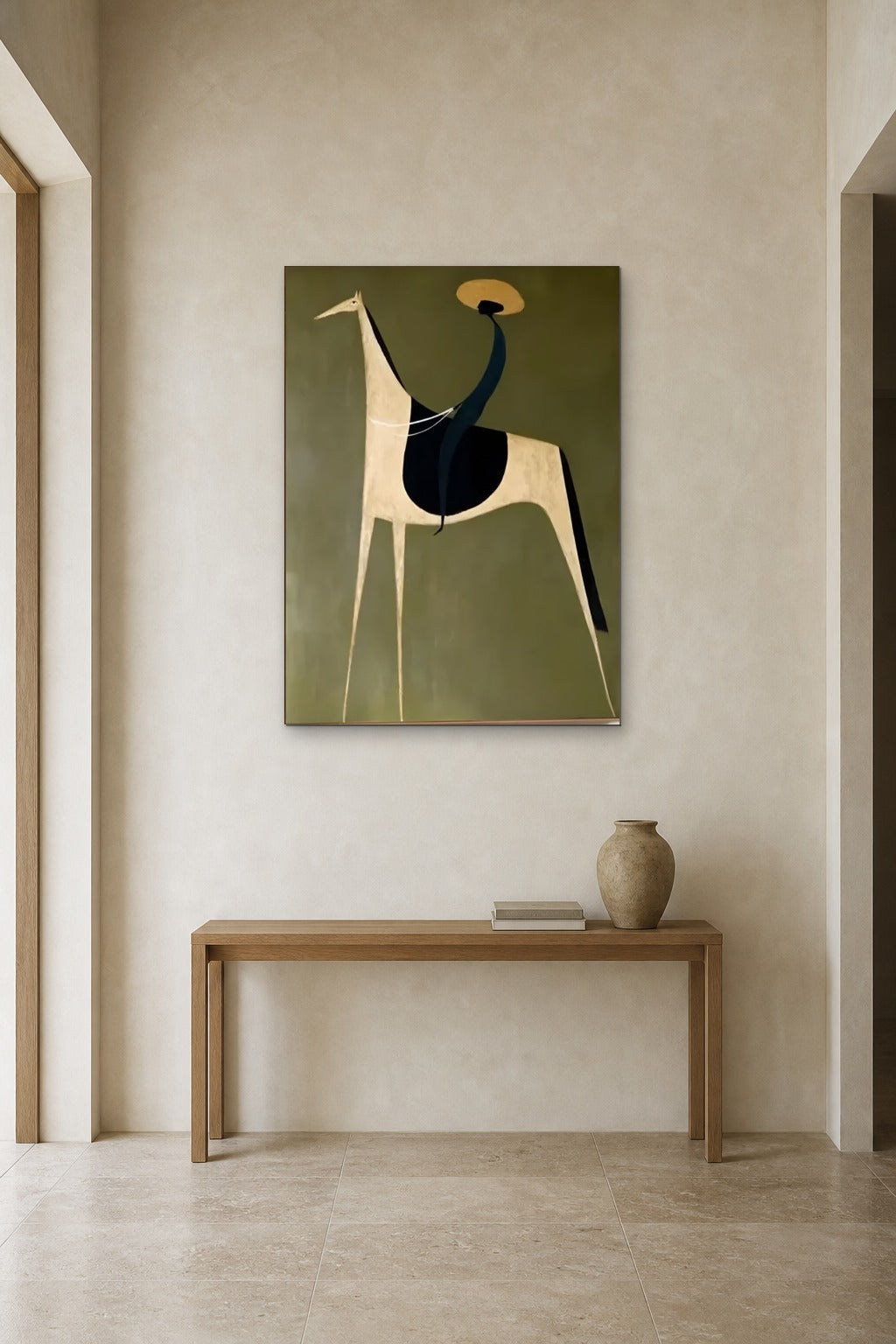 Rider in a Straw Hat shown at 90 × 130 cm above a 140 cm oak console