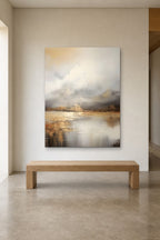 Mist over the Lake shown at 120 × 160 cm above a 180 cm oak bench