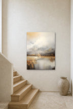 Mist over the Lake shown at 90 × 120 cm above a stair landing