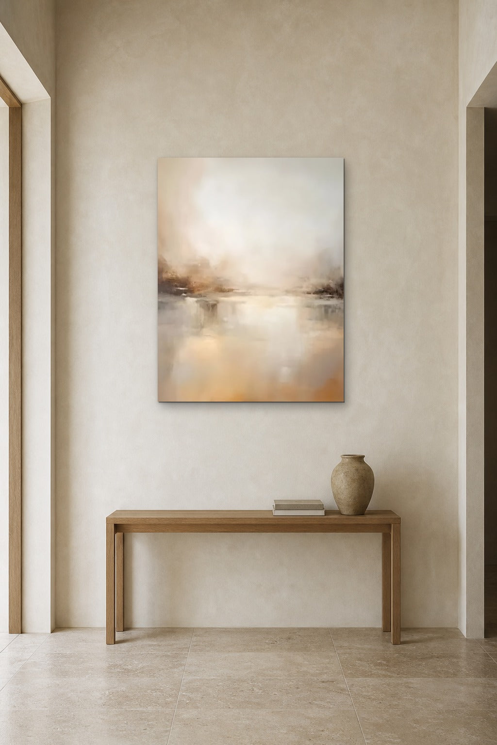 Morning Shore shown at 90 × 120 cm above a 140 cm oak console