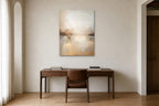 Morning Shore shown at 75 × 100 cm above a 160 cm walnut desk
