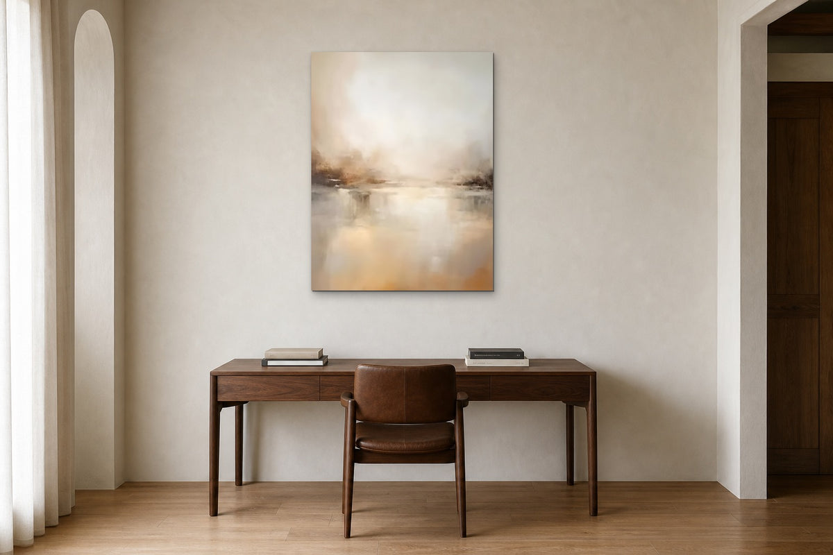 Morning Shore shown at 75 × 100 cm above a 160 cm walnut desk