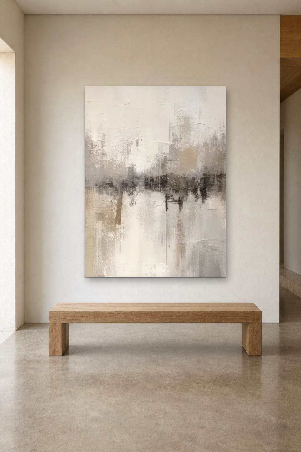 Quiet Reflection shown at 120 × 160 cm above a 180 cm oak bench