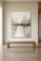 Quiet Reflection shown at 120 × 160 cm above a 180 cm oak bench