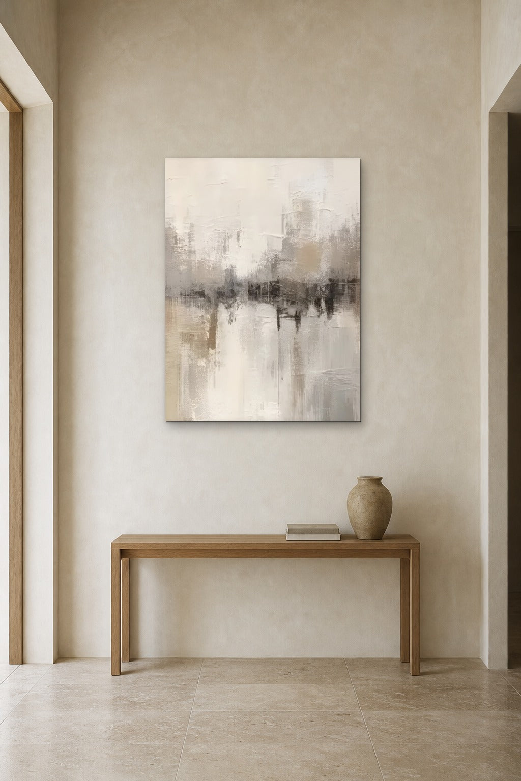 Quiet Reflection shown at 90 × 120 cm above a 140 cm oak console