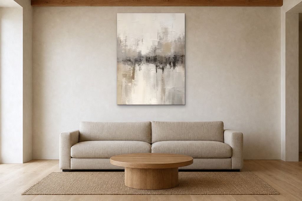 Quiet Reflection shown at 90 × 120 cm above a 240 cm linen sofa