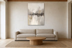 Quiet Reflection shown at 90 × 120 cm above a 240 cm linen sofa