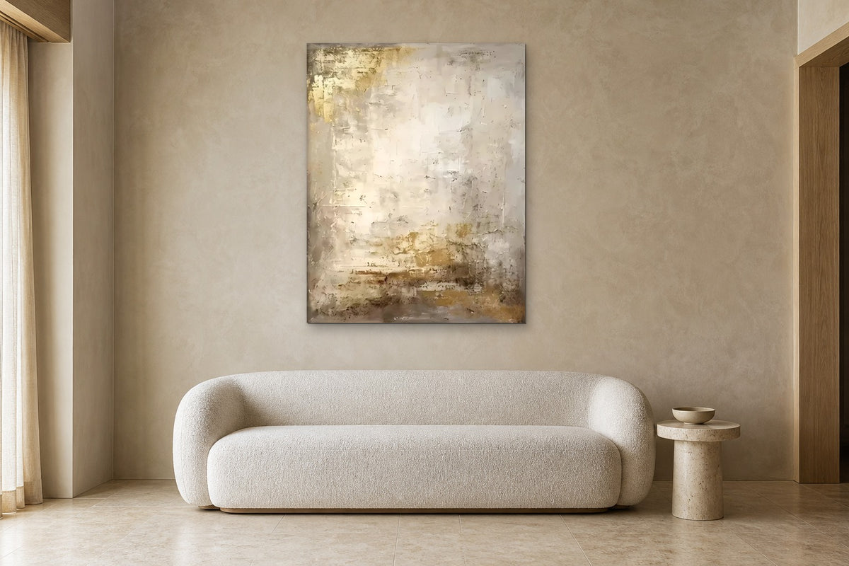 Gilded Plaster shown at 100 × 140 cm above a 220 cm boucle sofa
