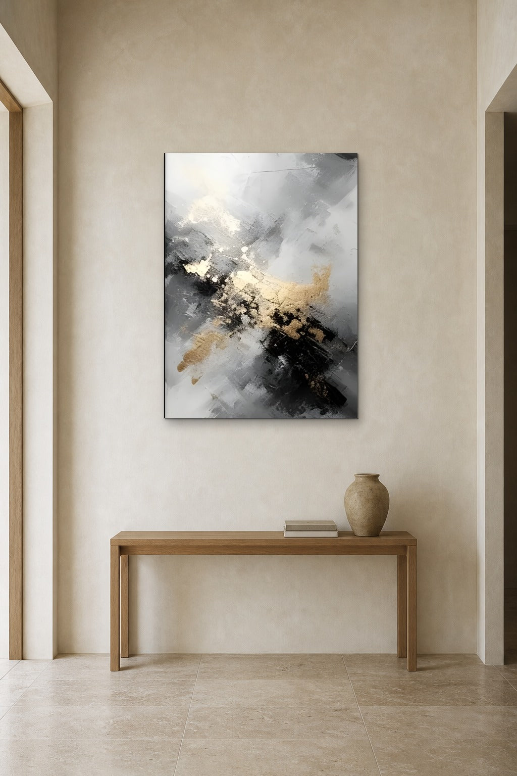 Silver and Gold shown at 90 × 130 cm above a 140 cm oak console