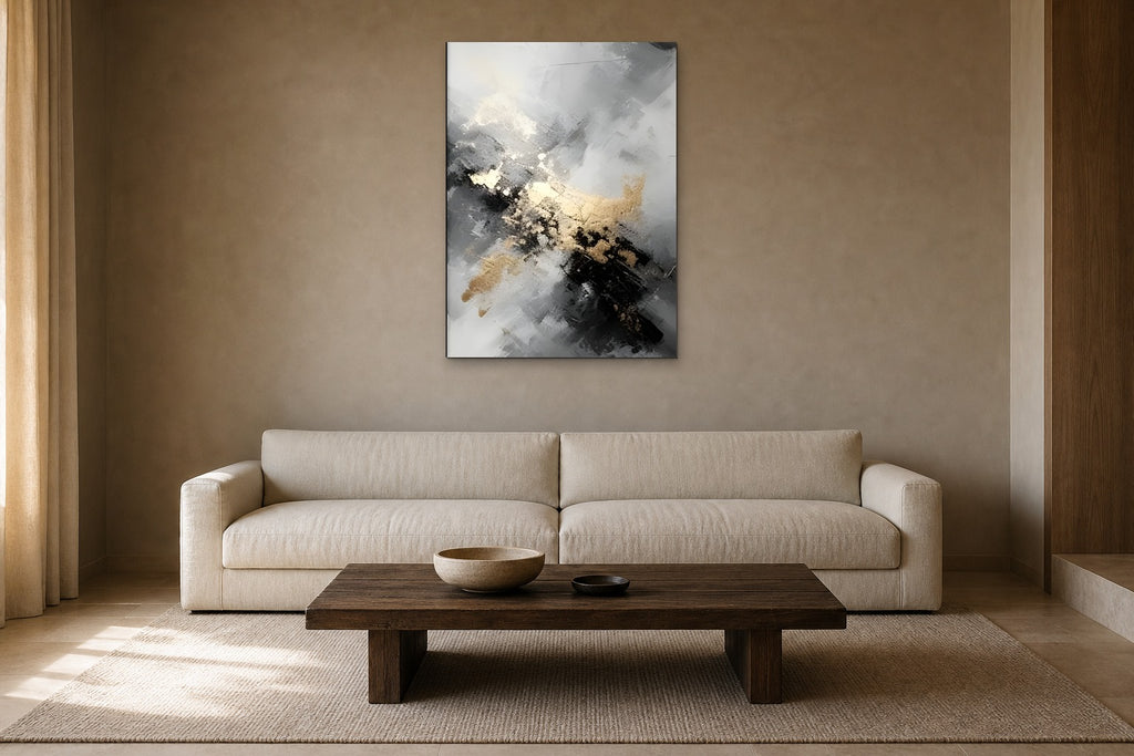 Silver and Gold shown at 70 × 100 cm above a 230 cm linen sofa