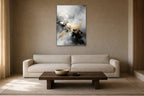 Silver and Gold shown at 70 × 100 cm above a 230 cm linen sofa