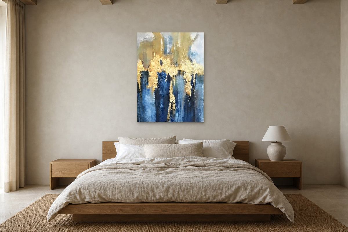 Golden Rain shown at 90 × 130 cm above a 180 cm oak bed