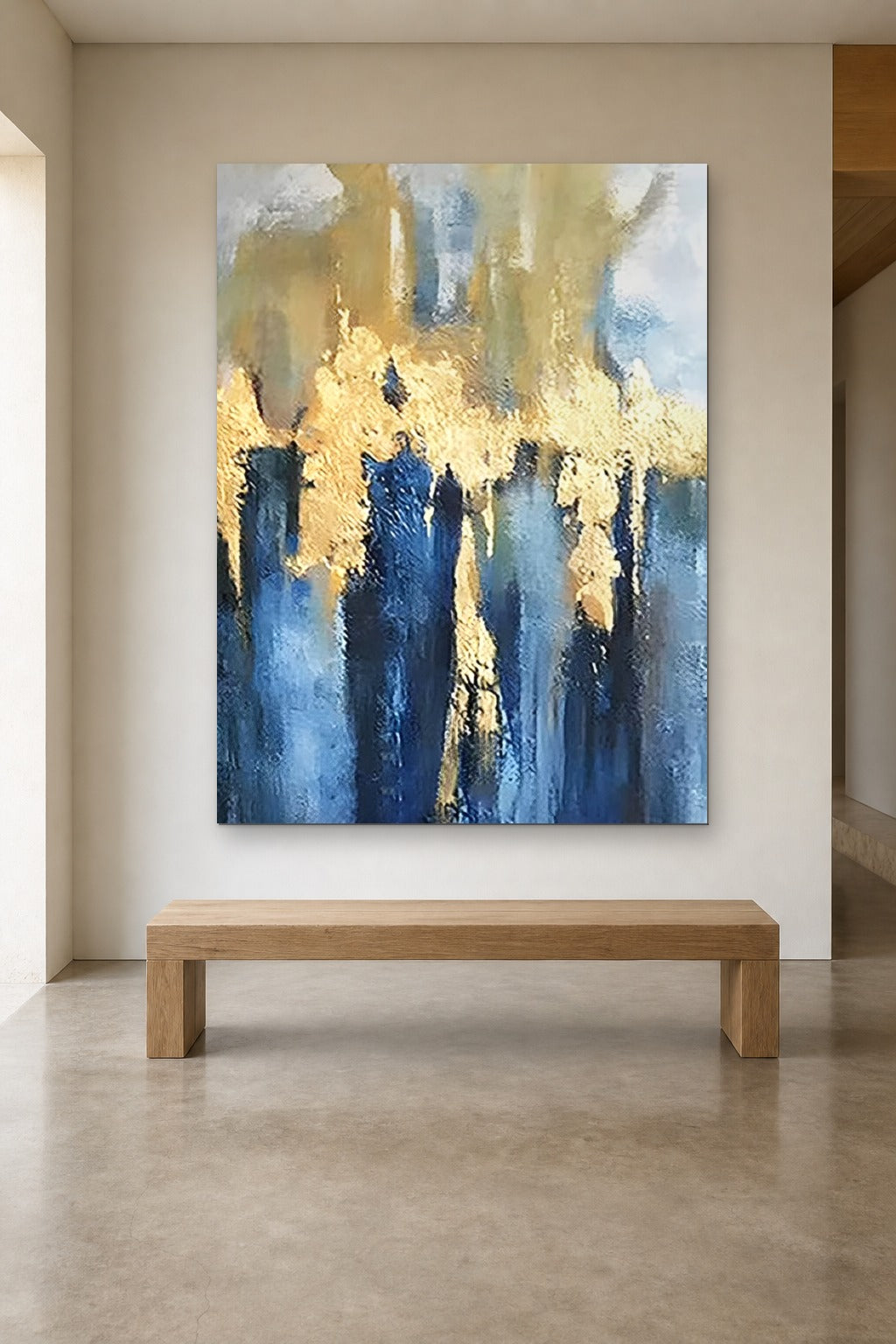 Golden Rain shown at 140 × 200 cm above a 180 cm oak bench