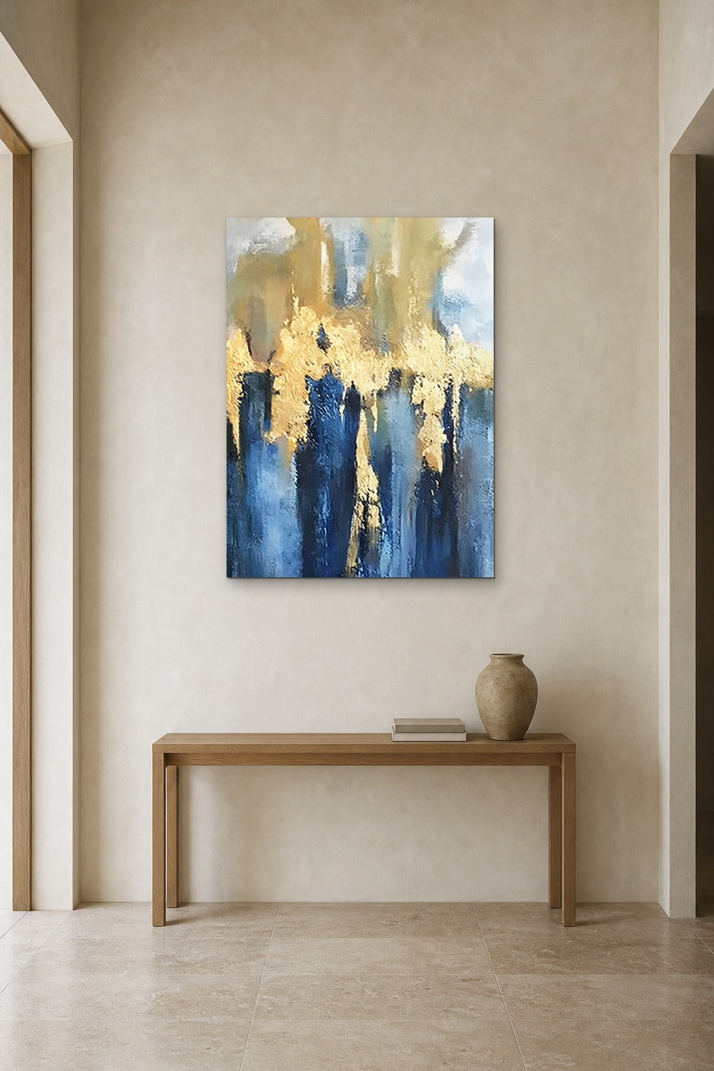Golden Rain shown at 90 × 130 cm above a 140 cm oak console