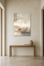 Linen Fields shown at 90 × 120 cm above a 140 cm oak console