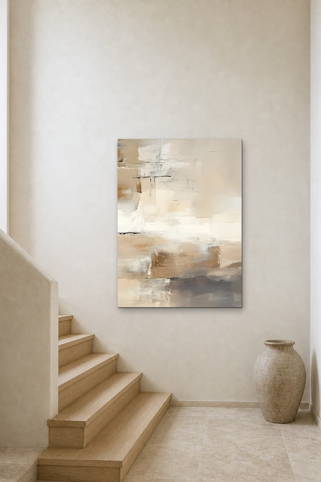 Linen Fields shown at 90 × 120 cm above a stair landing