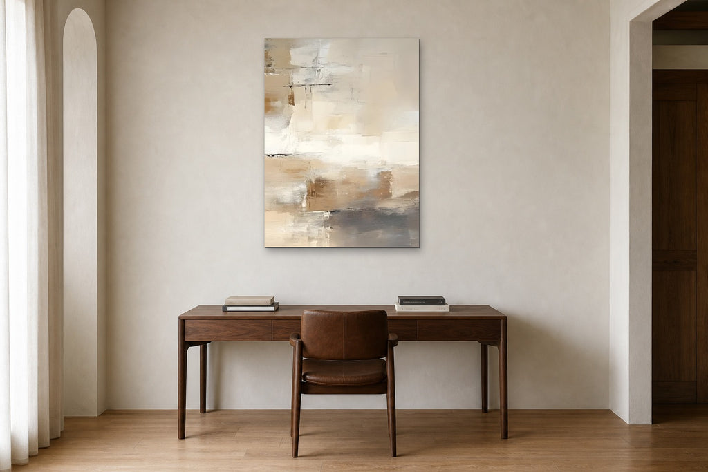 Linen Fields shown at 75 × 100 cm above a 160 cm walnut desk