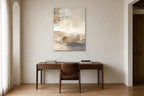Linen Fields shown at 75 × 100 cm above a 160 cm walnut desk