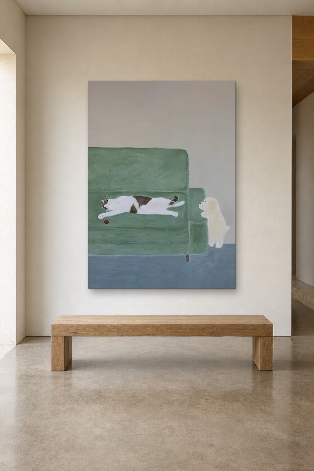 Afternoon Nap shown at 120 × 180 cm above a 180 cm oak bench