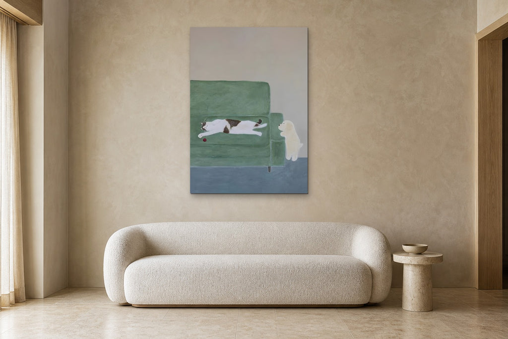 Afternoon Nap shown at 90 × 130 cm above a 220 cm boucle sofa