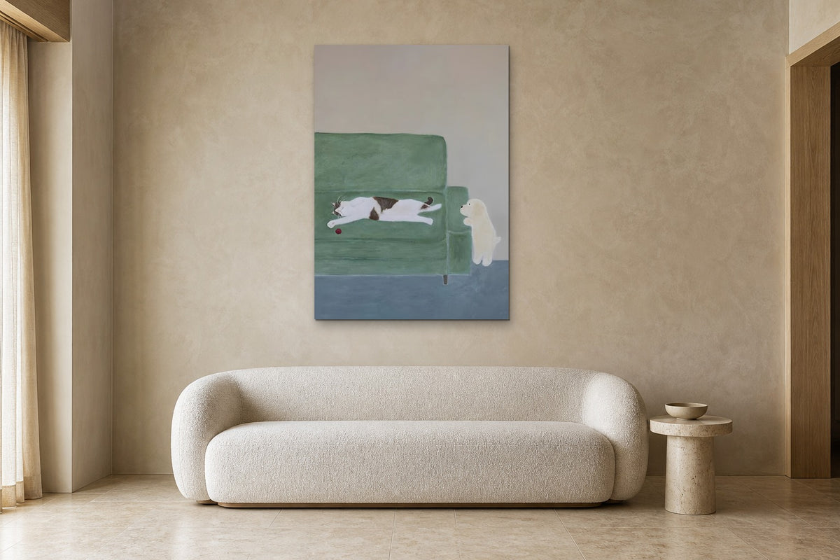 Afternoon Nap shown at 90 × 130 cm above a 220 cm boucle sofa
