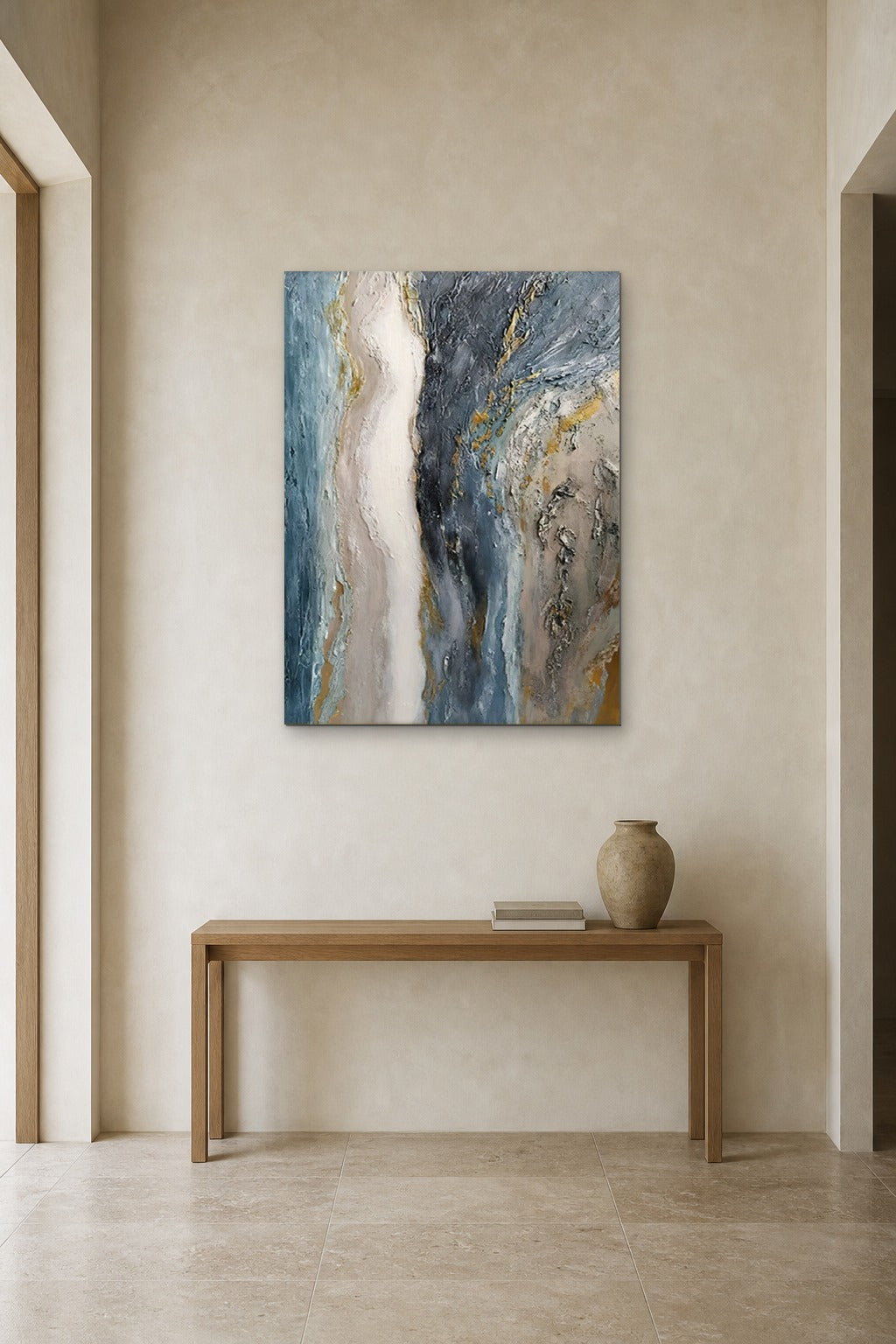 River Stone shown at 90 × 130 cm above a 140 cm oak console