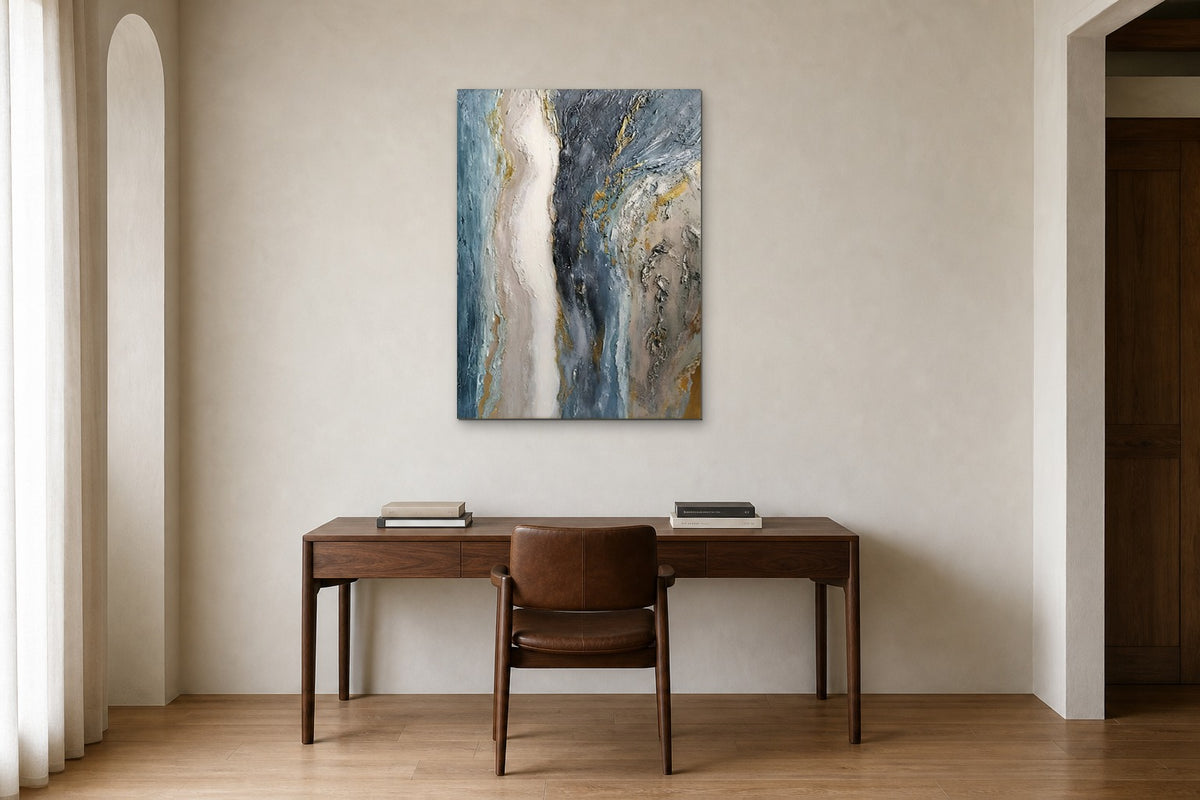 River Stone shown at 70 × 100 cm above a 160 cm walnut desk