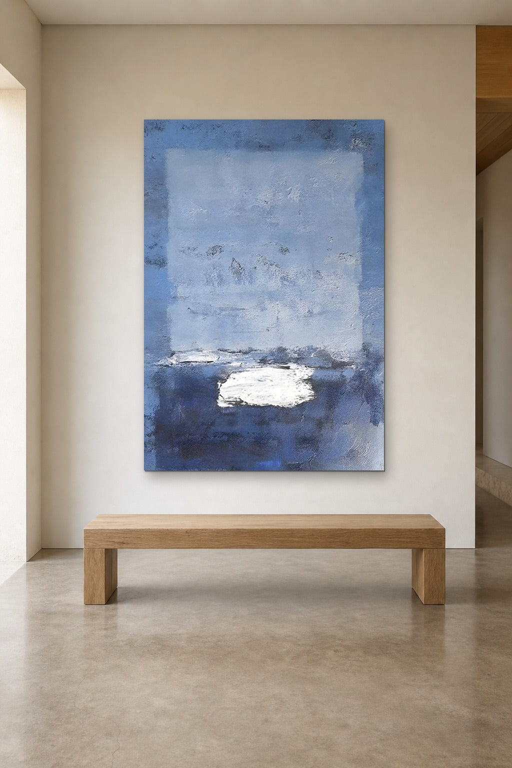 Blue Window shown at 120 × 180 cm above a 180 cm oak bench