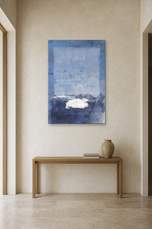 Blue Window shown at 90 × 130 cm above a 140 cm oak console