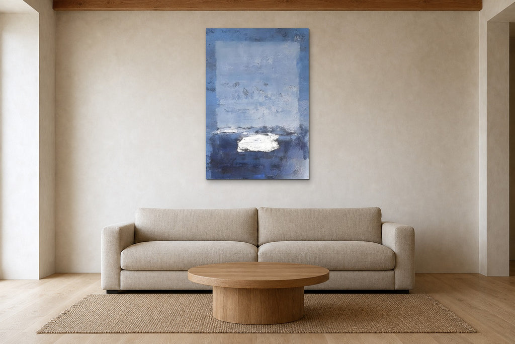 Blue Window shown at 80 × 120 cm above a 240 cm linen sofa