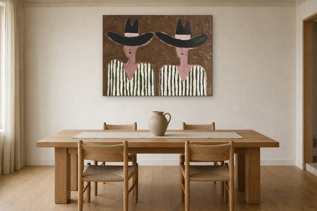 Two Women in Black Hats shown at 90 × 60 cm above a 200 cm oak dining table