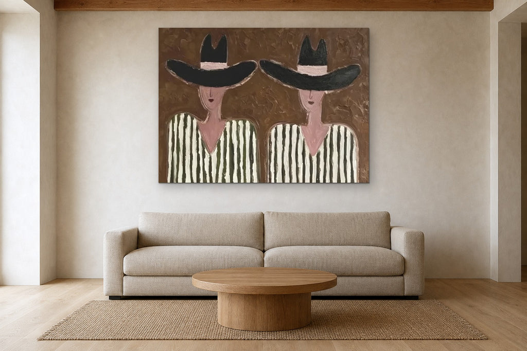 Two Women in Black Hats shown at 160 × 120 cm above a 240 cm linen sofa