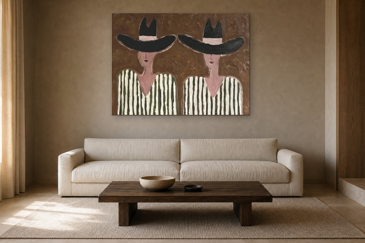 Two Women in Black Hats shown at 130 × 90 cm above a 230 cm linen sofa