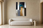 Night City shown at 90 × 130 cm above a 220 cm boucle sofa