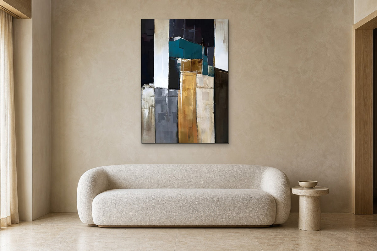 Night City shown at 90 × 130 cm above a 220 cm boucle sofa