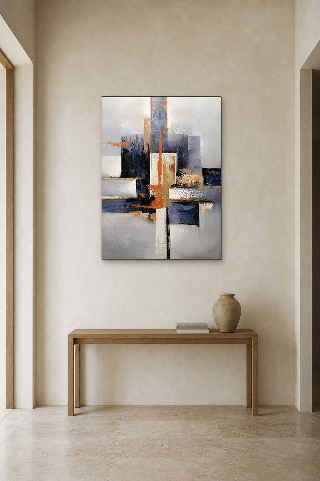 Orange Cross shown at 90 × 130 cm above a 140 cm oak console
