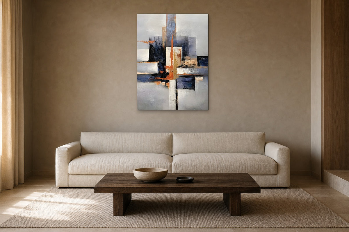 Orange Cross shown at 70 × 100 cm above a 230 cm linen sofa