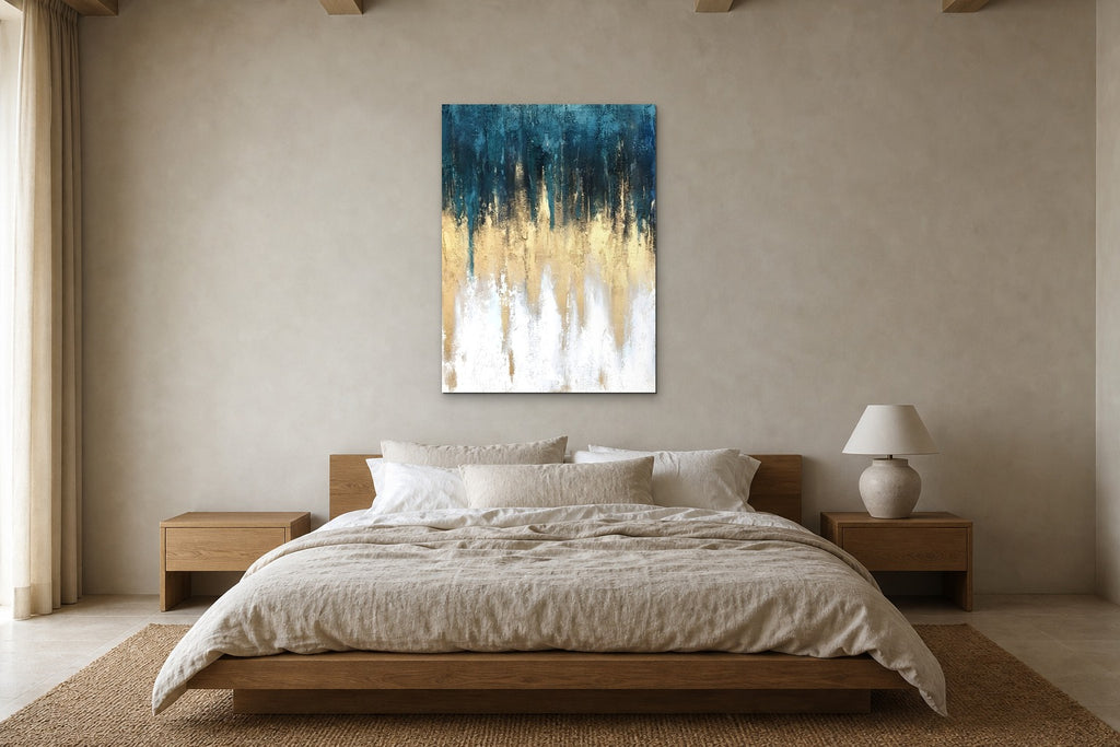 Teal and Gold shown at 90 × 130 cm above a 180 cm oak bed