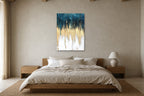 Teal and Gold shown at 90 × 130 cm above a 180 cm oak bed