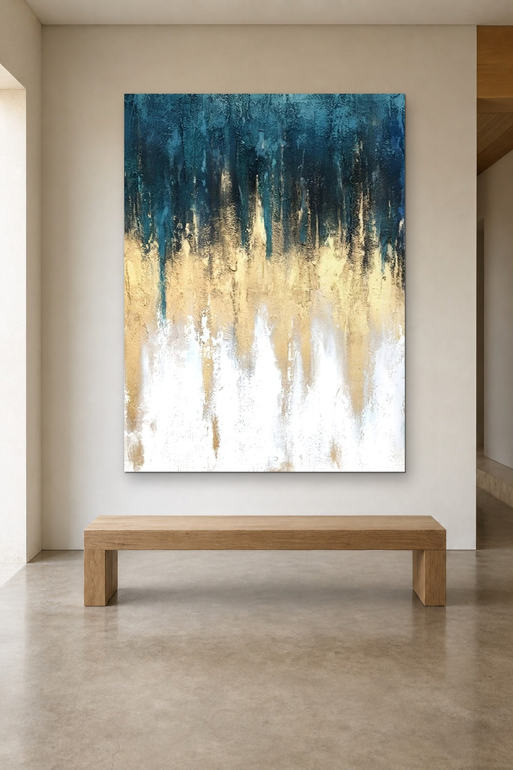 Teal and Gold shown at 140 × 200 cm above a 180 cm oak bench